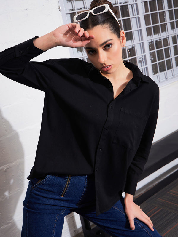 Women Black Cotton Twill Oversized Shirt | WomensFashionFun.com