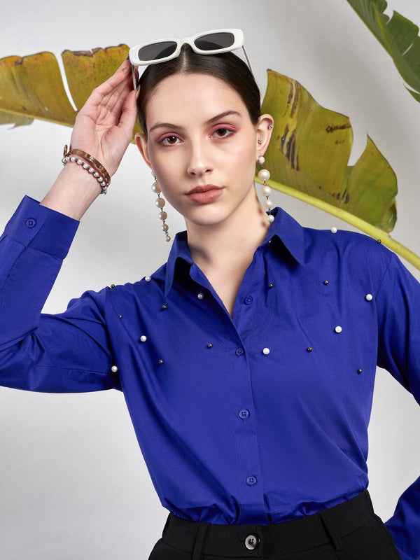 Women Royal Blue Poplin Pearl Studded Shirt | WomensFashionFun.com