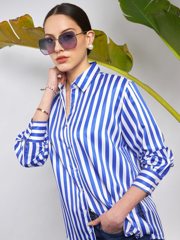 Women Blue & White Satin Striped Shirt | WomensFashionFun.com