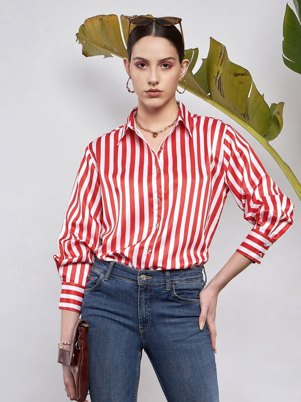 Women Red & White Satin Striped Shirt | WomensFashionFun.com