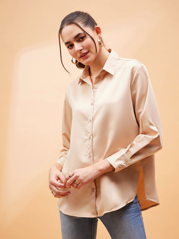 Women Beige Solid Satin Regular Shirt | womensfashionfun