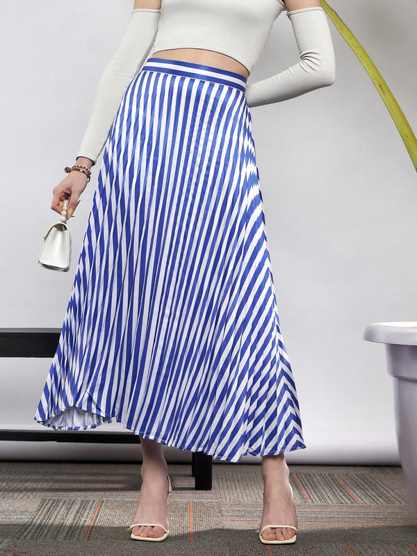 Women Blue & White Satin Striped Accordion Pleated Maxi Skirt | WomensFashionFun.com