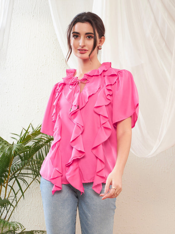 Women Pink Short Sleeves Ruffle Top | WomensFashionFun.com