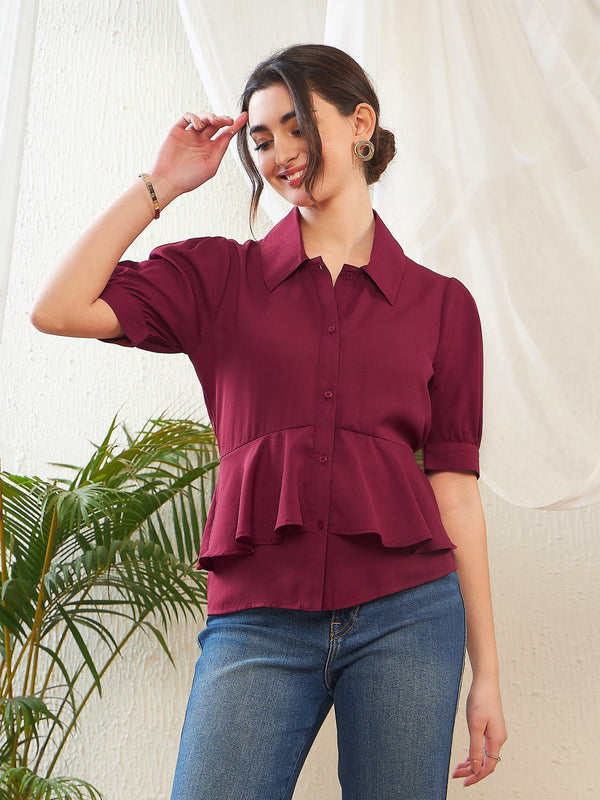 Women Maroon Frill Detail Shirt Style Blouse | womensfashionfun