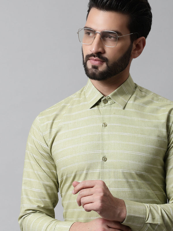 Men Pista Green Classic Striped Formal Cotton Shirt | womensfashionfun