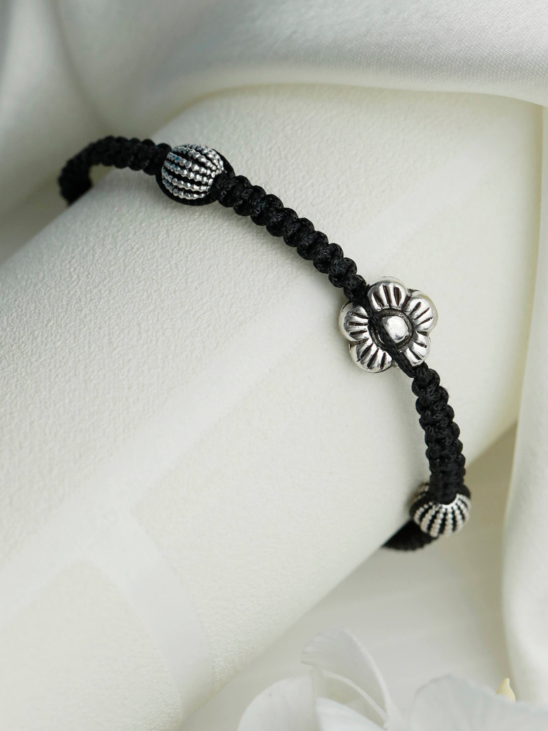 Sterling Silver Floral Black Thread Anklet/Bracelet