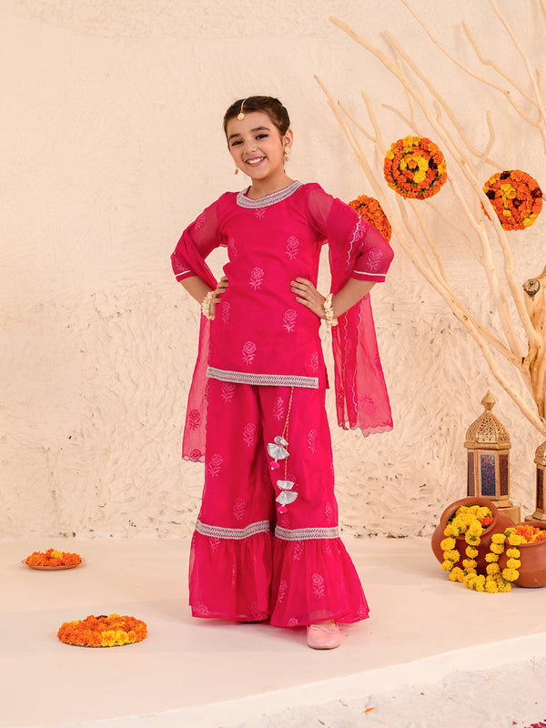 Girls Floral Embroidered Regular Kurta With Sharara Dupatta | womensfashionfun