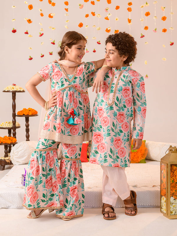 Girls Floral Printed Regular Pure Cotton Kurta With Sharara Dupatta | womensfashionfun