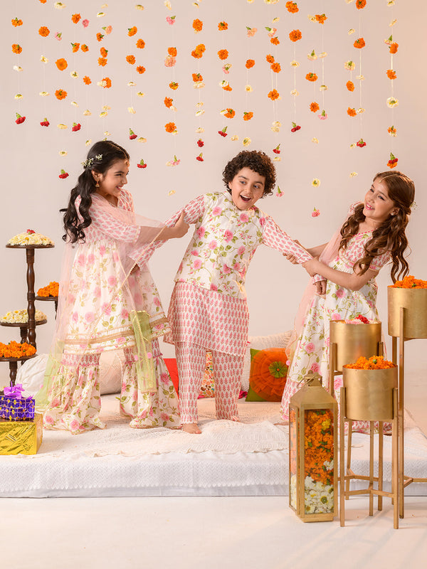 Girls Floral Printed Angrakha Pure Cotton A-Line Kurta With Sharara Dupatta | womensfashionfun