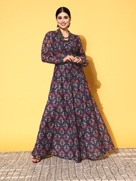 Women Navy Floral Wrap Crop Top With Aanrakali Skirt | WomensFashionFun.com