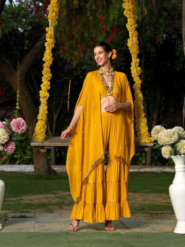 Women Yellow Crop Top With Tiered Sharara And Emb Cape | womensfashionfun