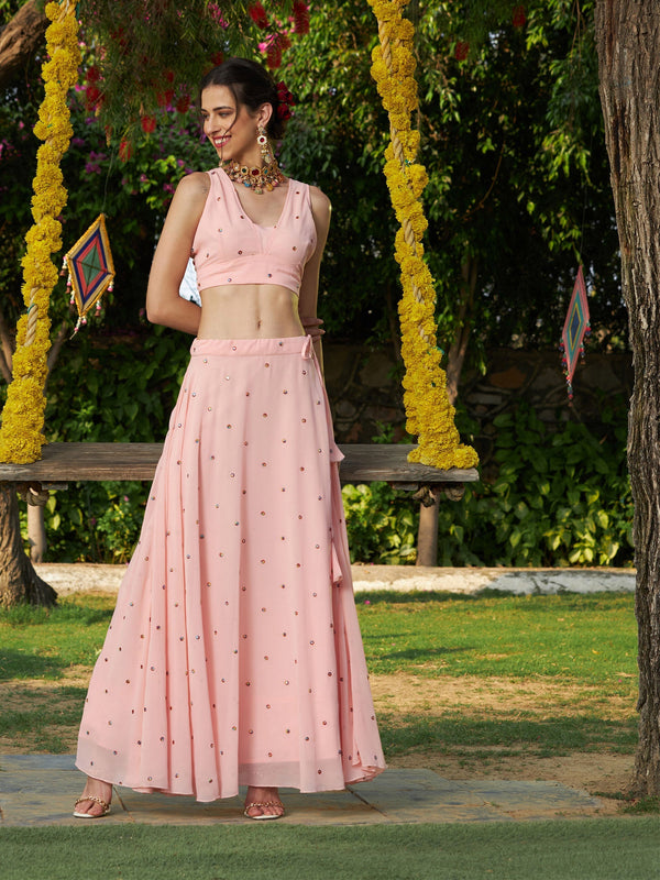 Women Pink Embroidered Crop Top With Bias Flared Skirt | womensfashionfun