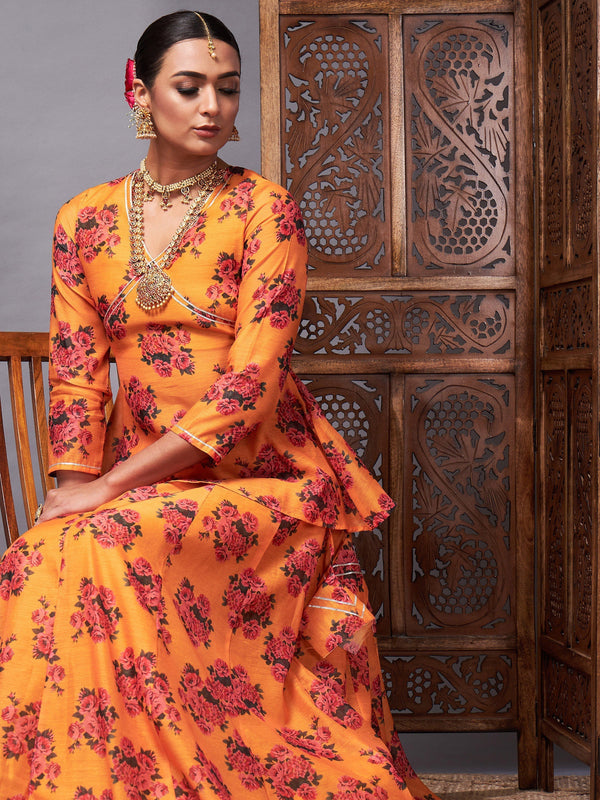 Women Mustard Floral Peplum Top With Anarkali Skirt | WomensFashionFun.com
