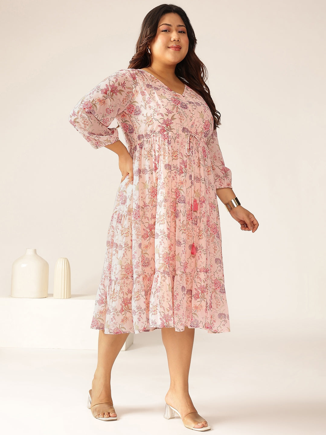 Plus Size Pink Georgette Floral Printed Tiered Dress