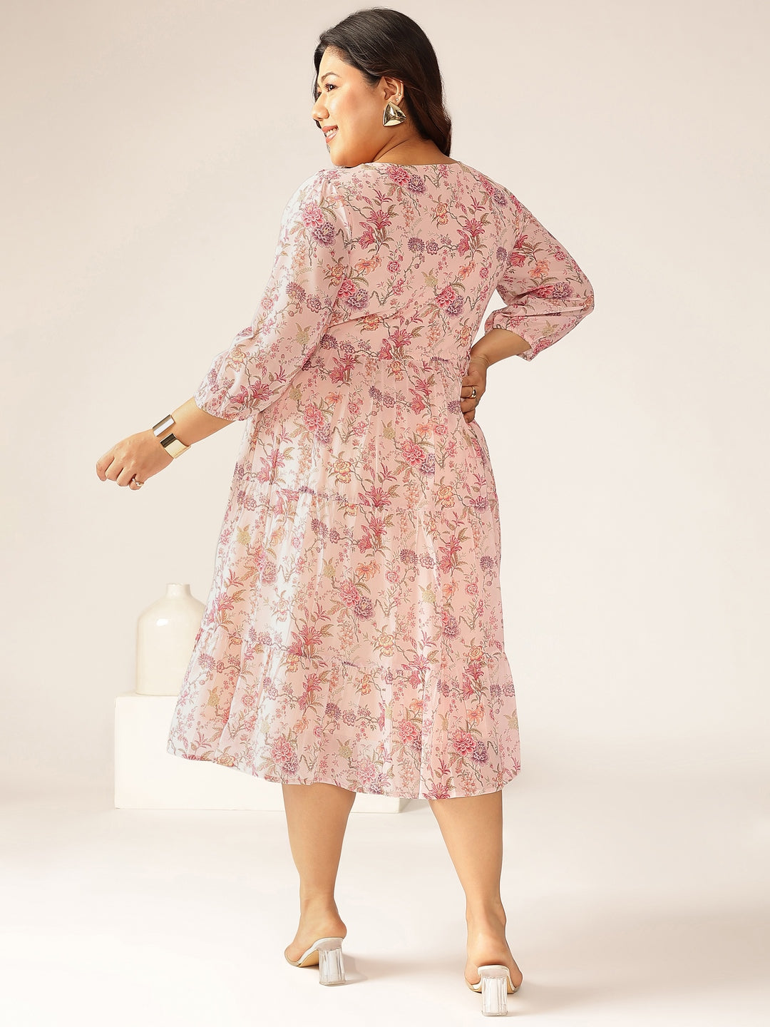 Plus Size Pink Georgette Floral Printed Tiered Dress