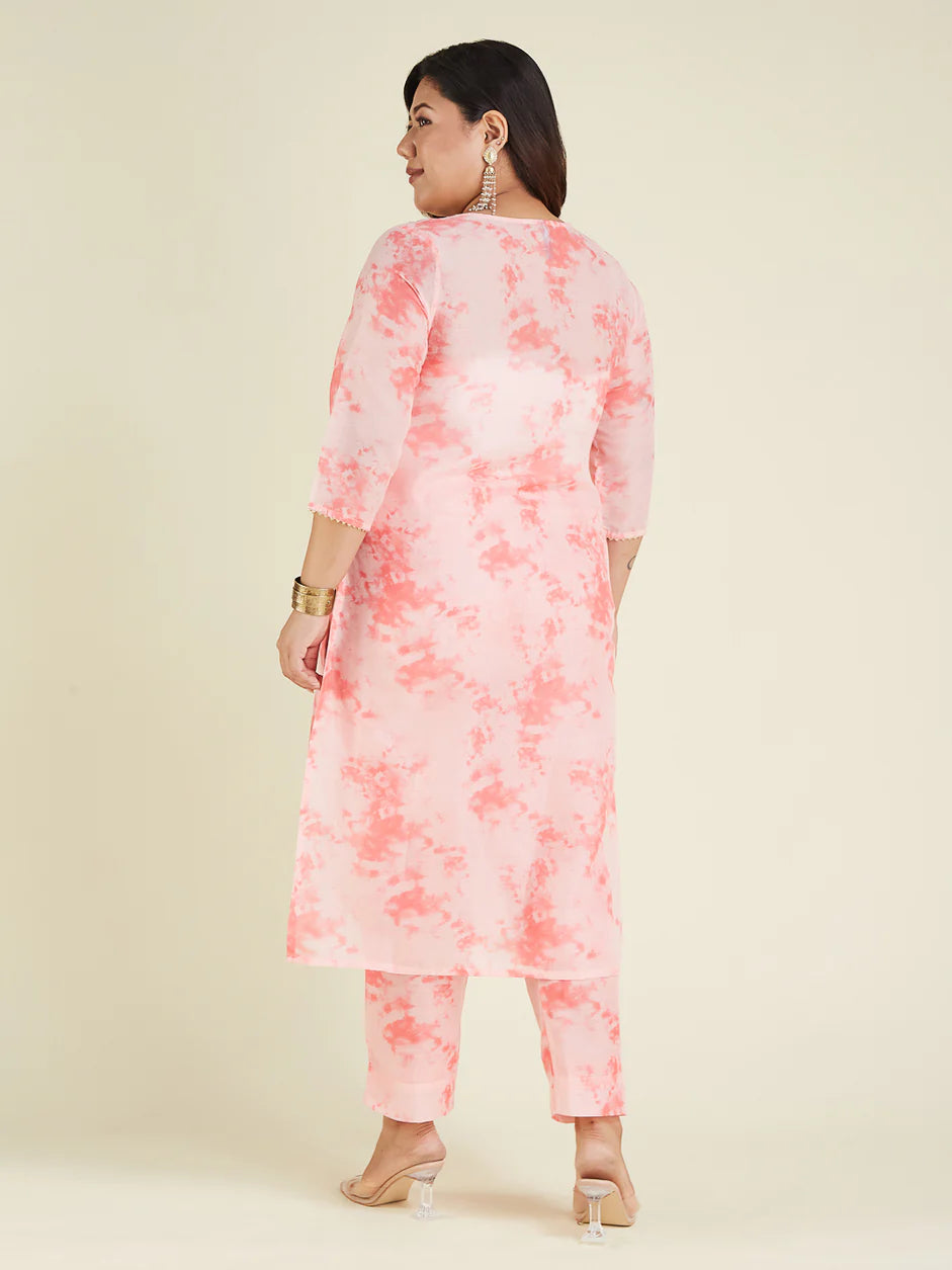 Janasya Women's Plus Size Peach Silk Blend Tie Dye Embroidered Straight Kurta Pant Set