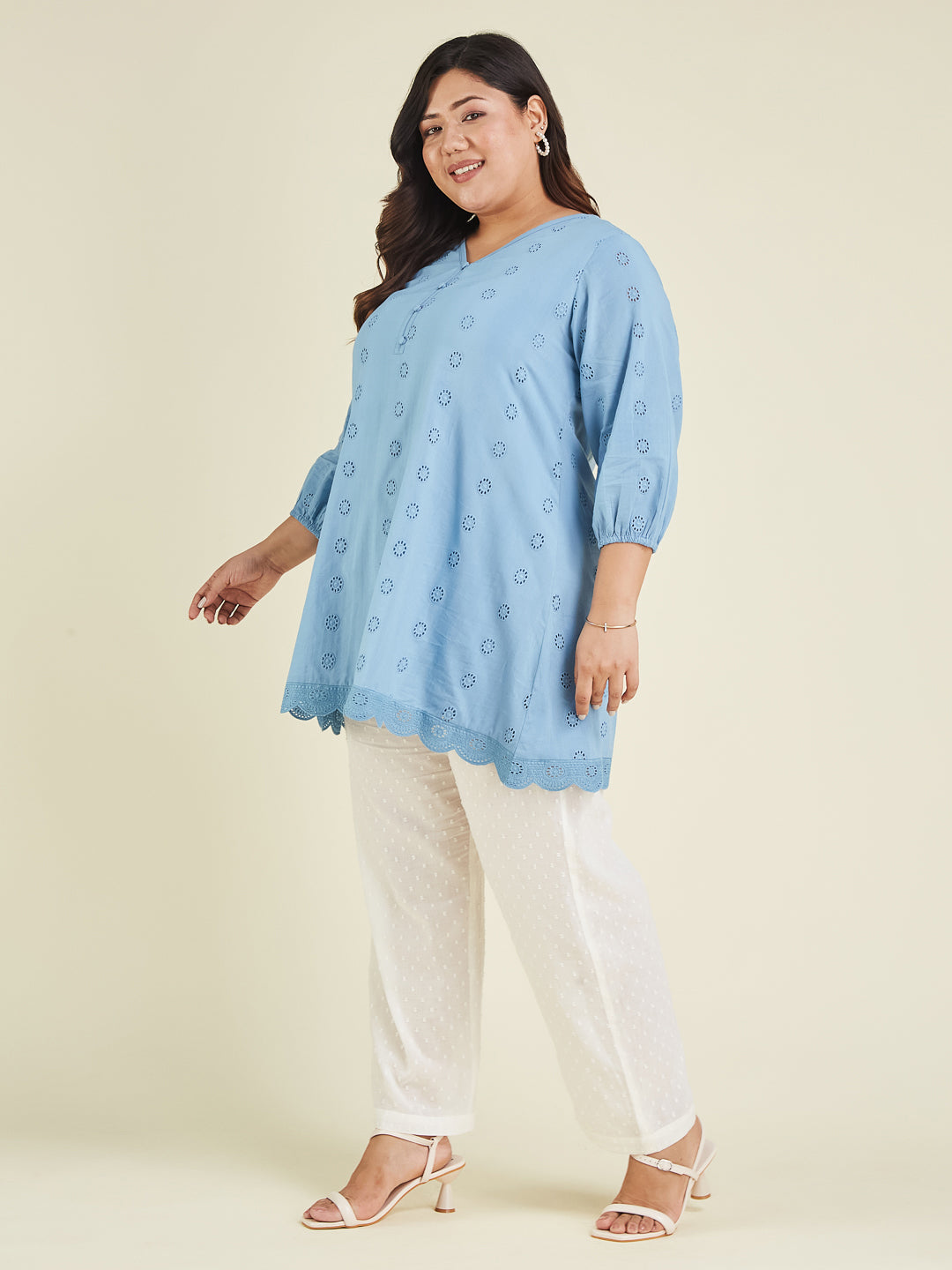 Janasya Women's Plus Size Light Blue Pure Cotton Schiffli Embroidered A-line Tunic