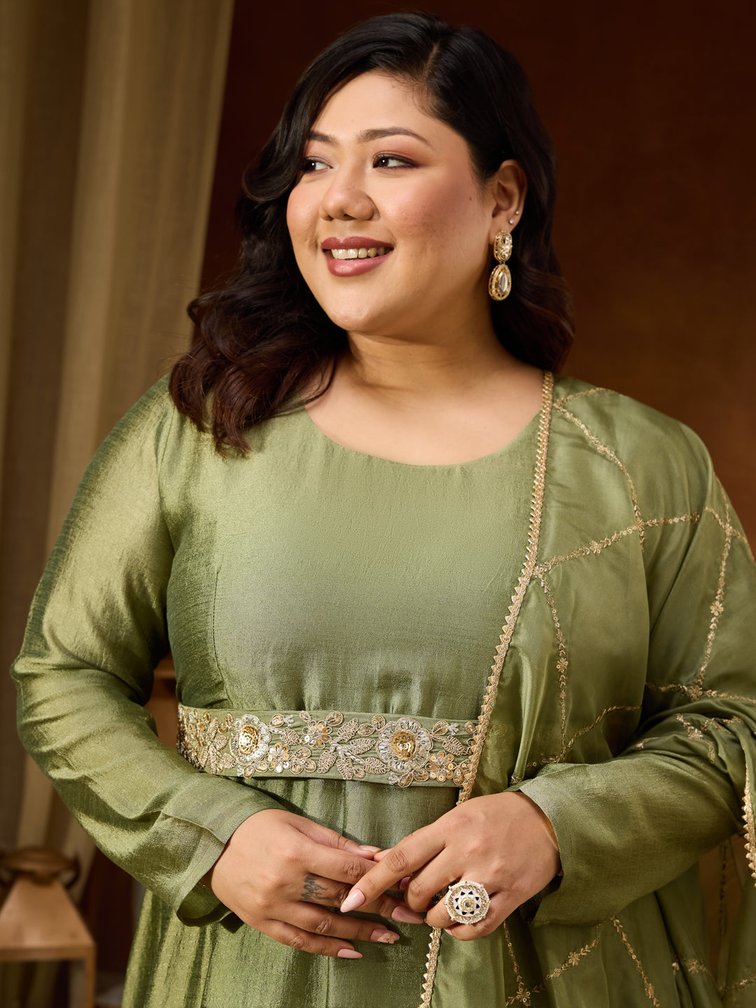 Janasya Women's Plus Size Sage Green Silk Blend Flared Gown With Embellished Belt