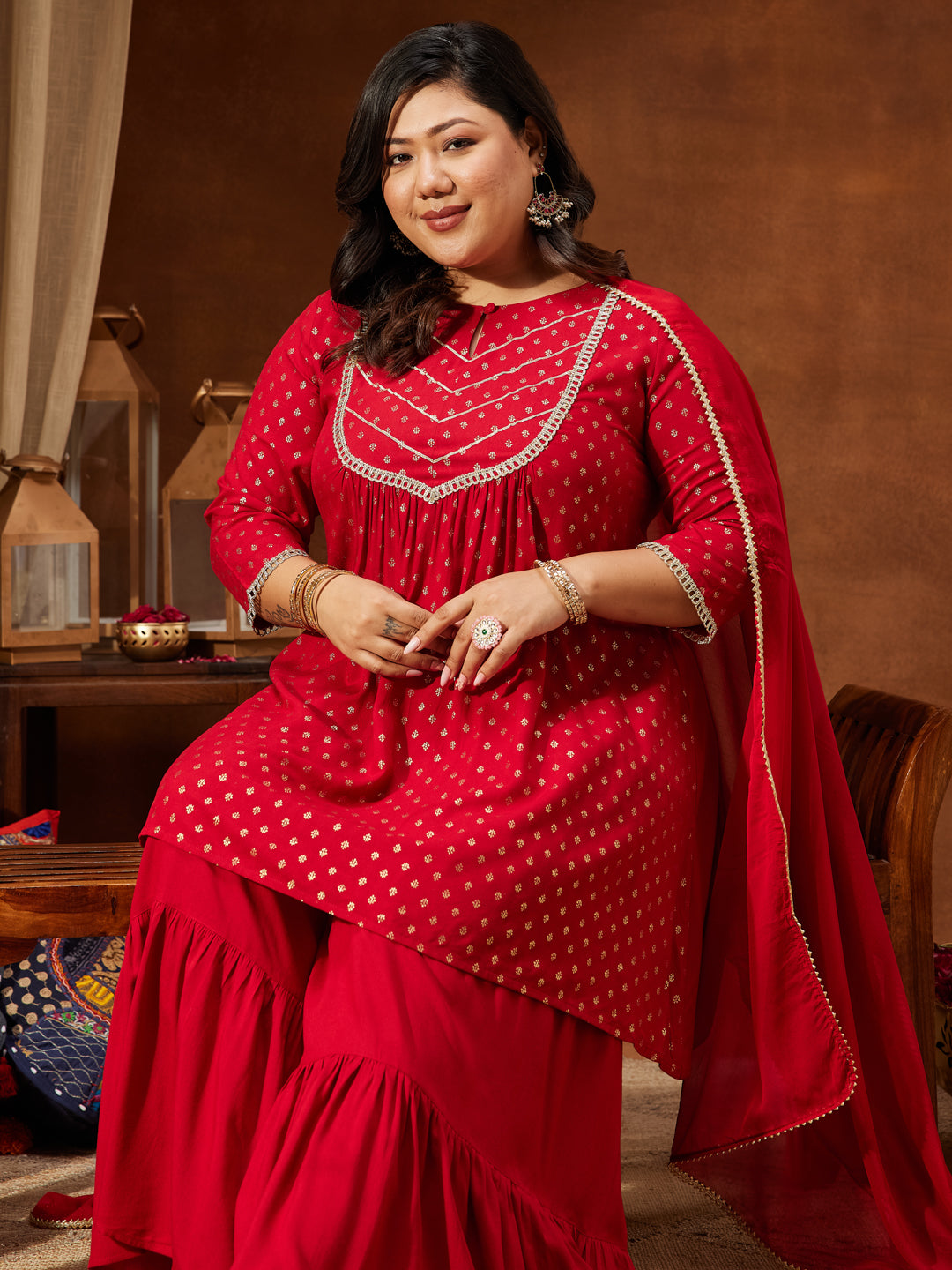 Janasya Women's Red Rayon Embellished Gold Printed A-line Kurta With Sharara & Dupatta Set