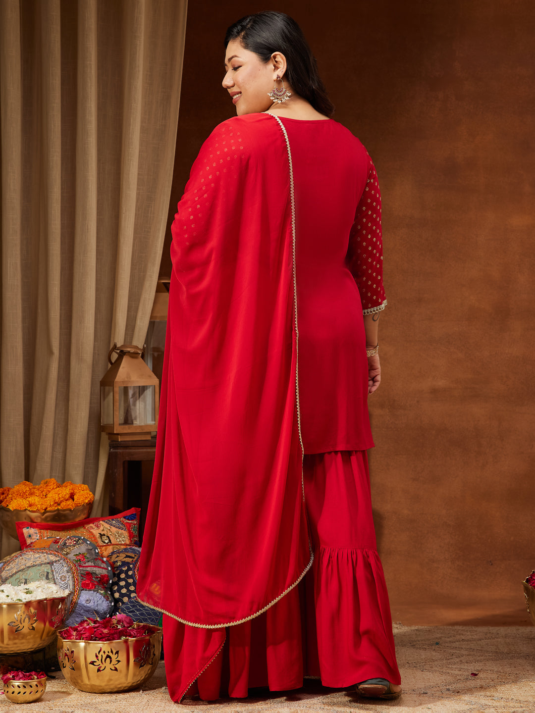 Janasya Women's Red Rayon Embellished Gold Printed A-line Kurta With Sharara & Dupatta Set