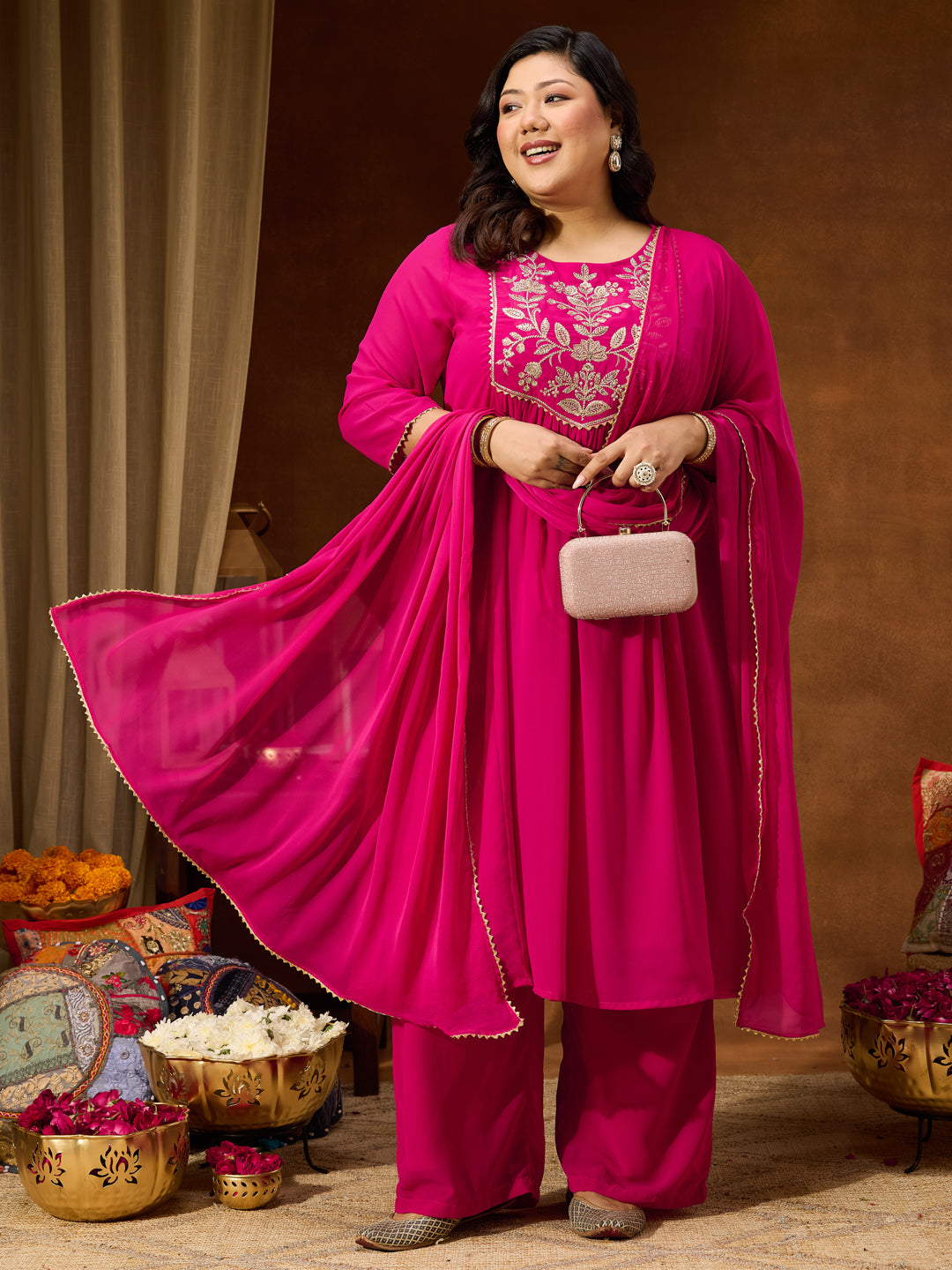 Janasya Women's Plus Size Pink Georgette Yoke Zari Embroidered A-line Kurta Set