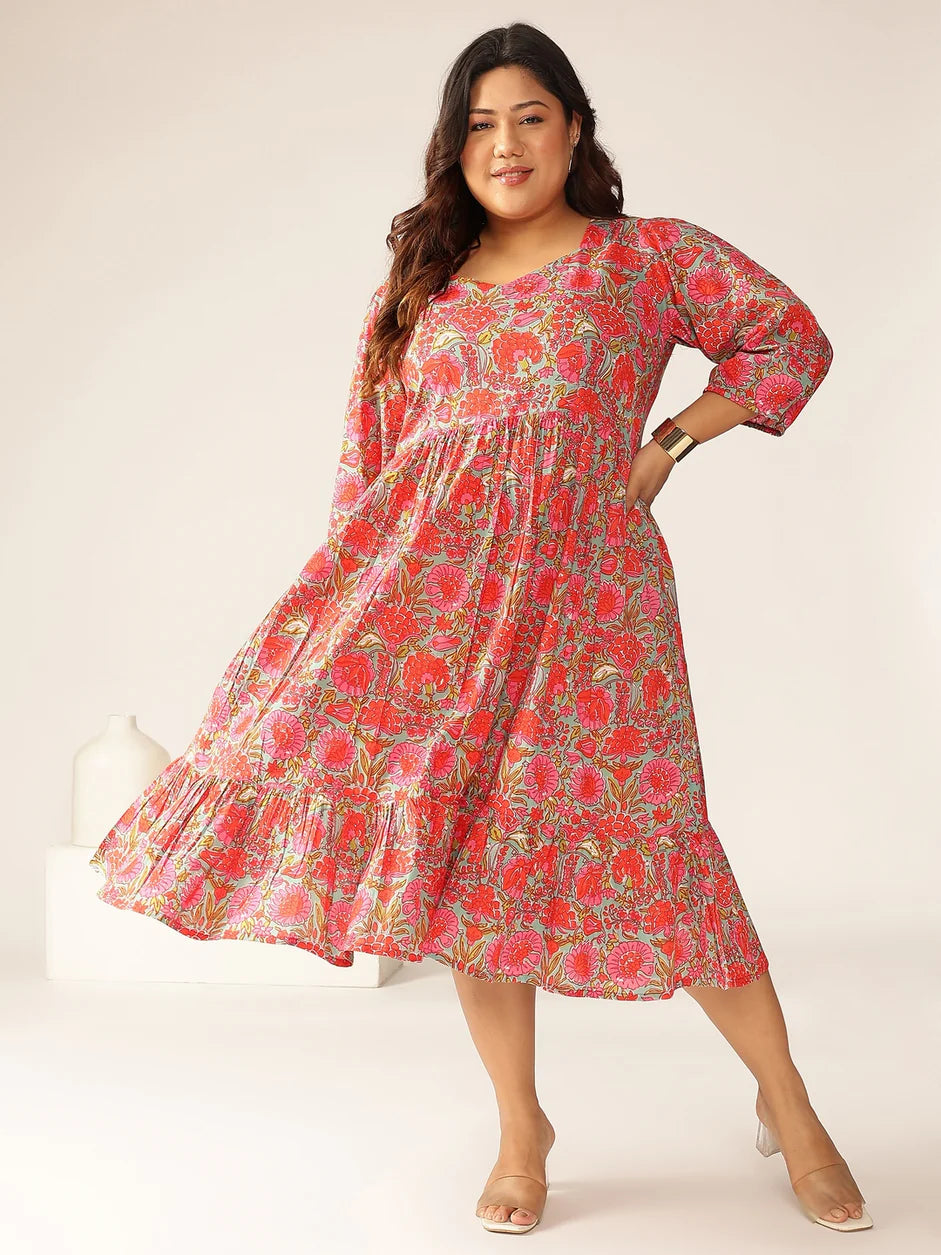 Janasya Women's Plus Size Pink Pure Cotton Floral Printed Flared Dress