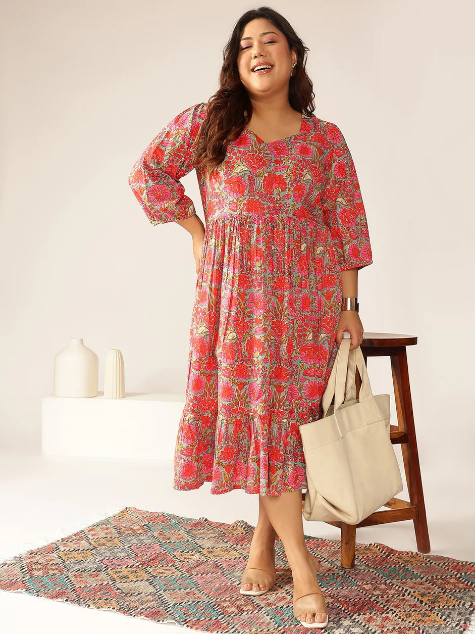 Janasya Women's Plus Size Pink Pure Cotton Floral Printed Flared Dress