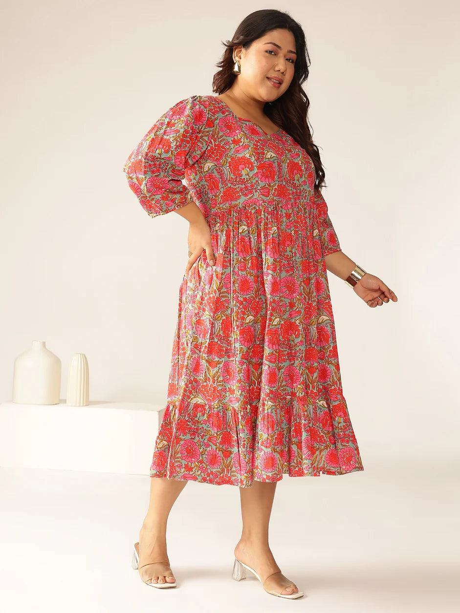 Janasya Women's Plus Size Pink Pure Cotton Floral Printed Flared Dress