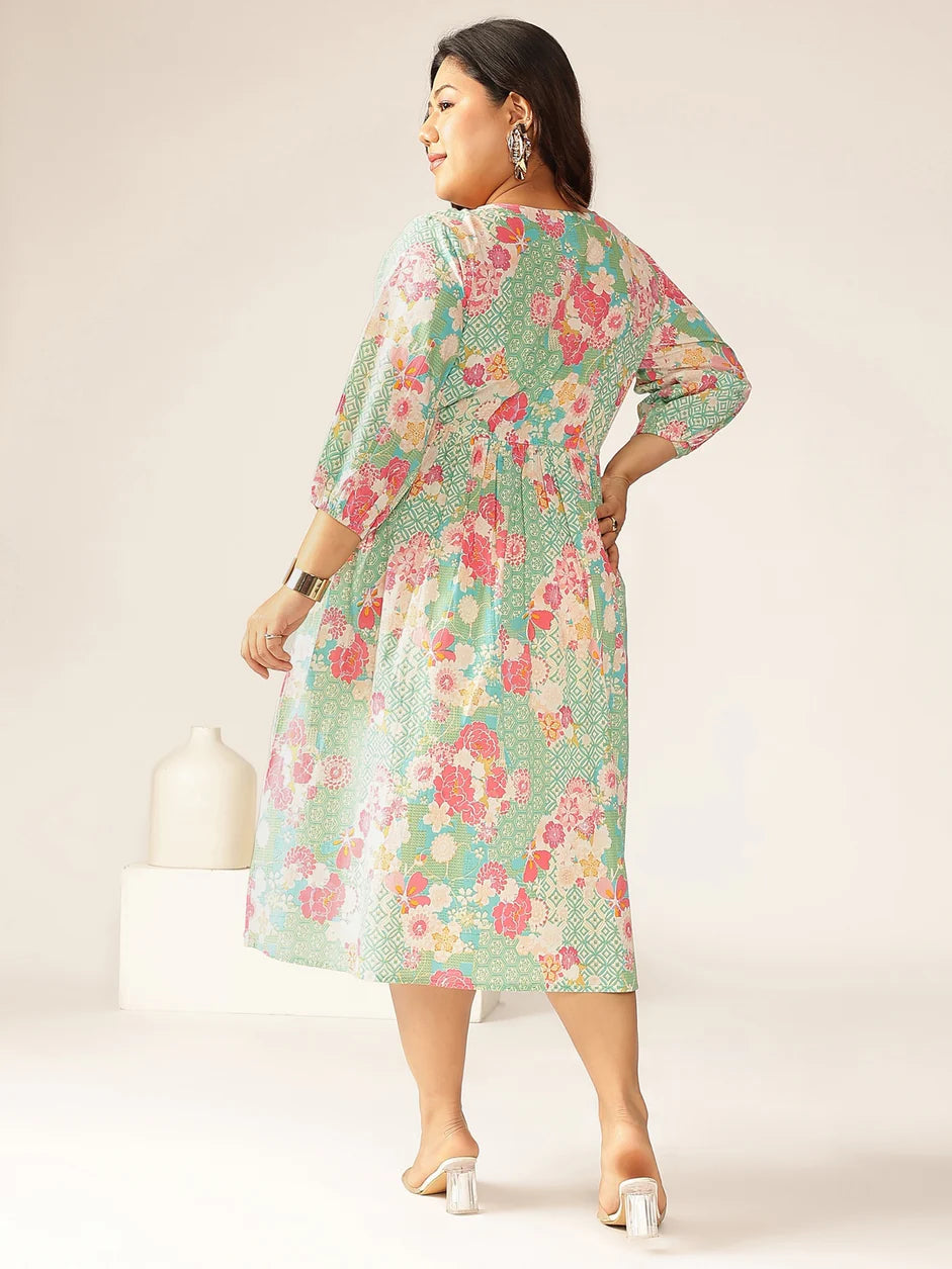 Janasya Women's Plus Size Sage Pure Cotton Floral Printed A-Line Dress
