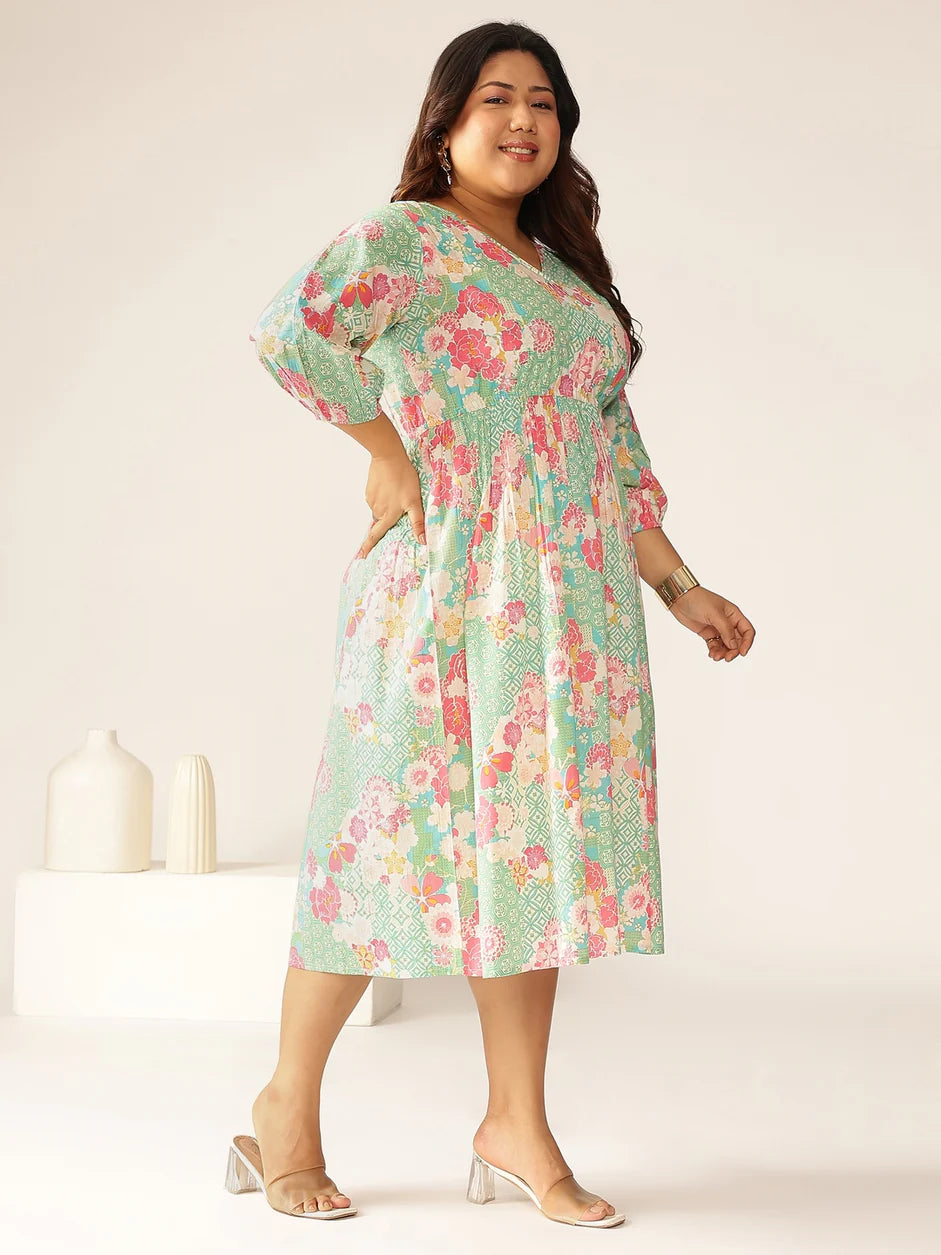 Janasya Women's Plus Size Sage Pure Cotton Floral Printed A-Line Dress