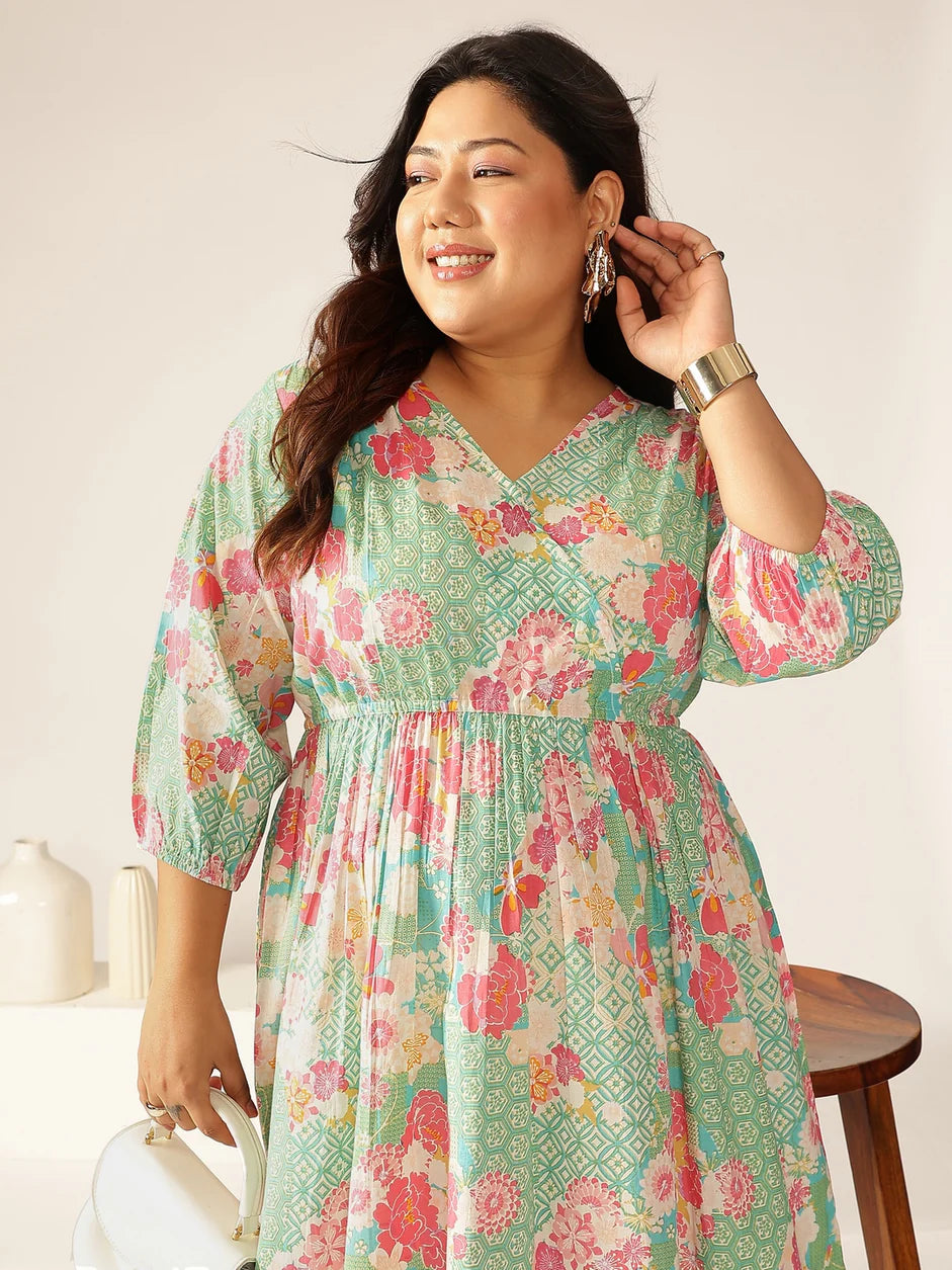Janasya Women's Plus Size Sage Pure Cotton Floral Printed A-Line Dress