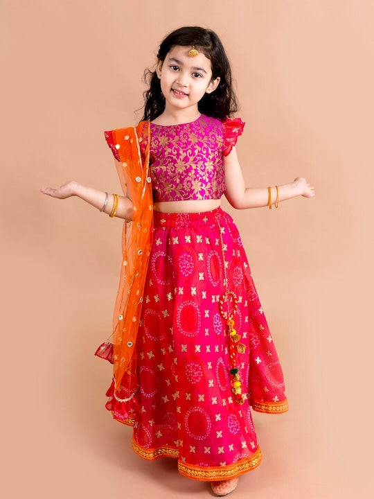 Girls Pink Orange Ready To Wear Lehenga Blouse With Dupatta | WomensFashionFun.com