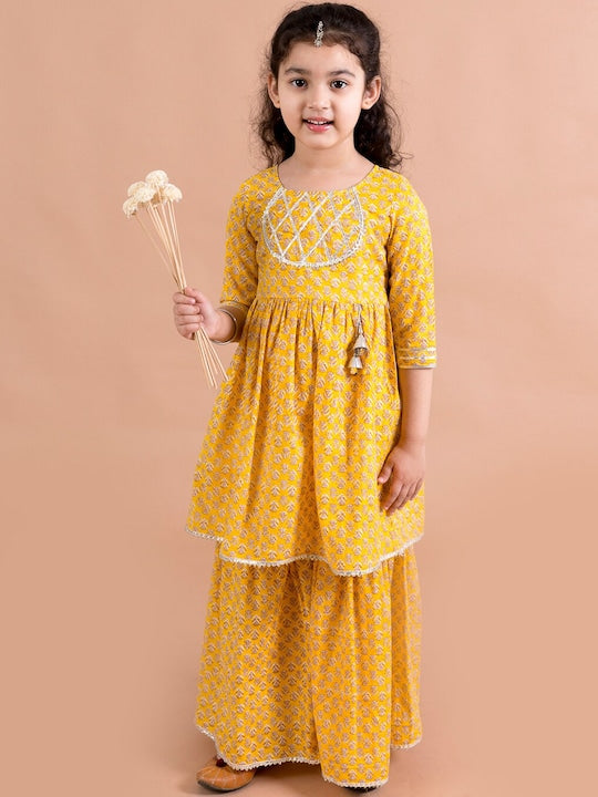 Girls Mustard Yellow Floral Printed Pure Cotton Kurta With Sharara | WomensFashionFun.com