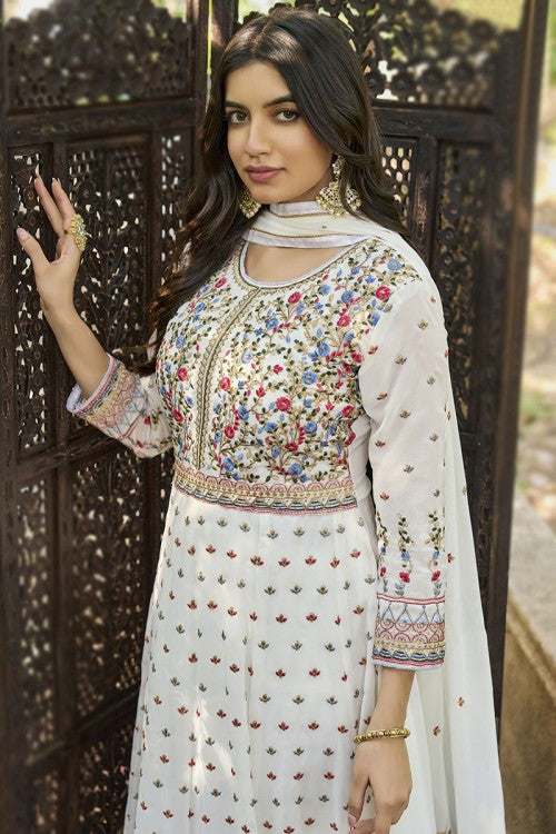 White Georgette Embroidered Anarkali Suit
