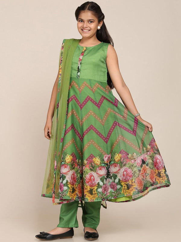 Girls Green Floral Printed Empire Kurta with Trousers & With Dupattawomensfashionfun