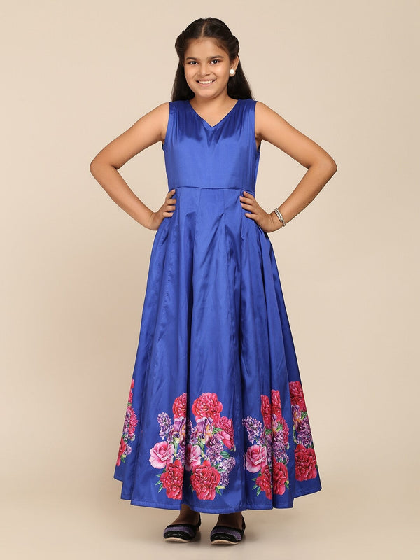 Girls Blue Floral Maxi Gown DressWomensFashionFun.com