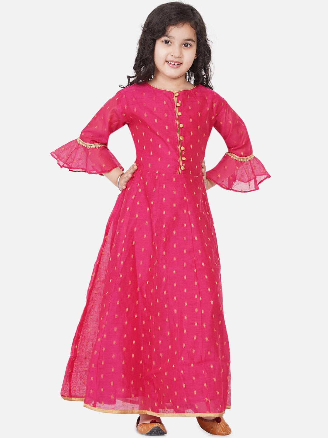 Girls Pink Bell Sleeves Ethnic Maxi Dresswomensfashionfun