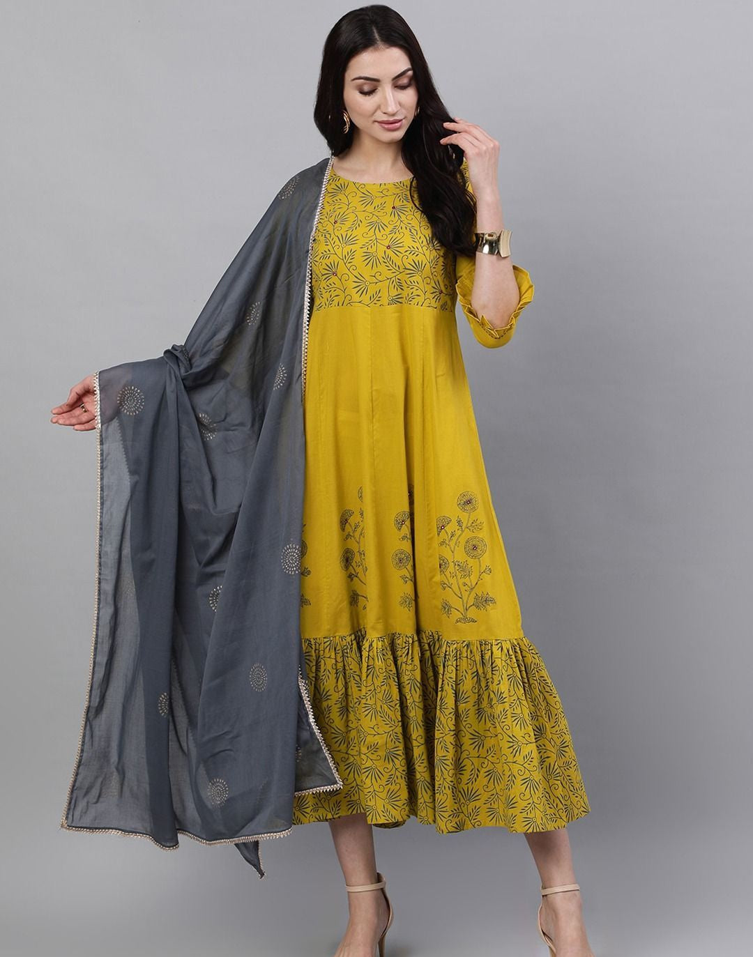Yellow Floral Printed Round Neck Cotton Maxi Dress With Dupatta
