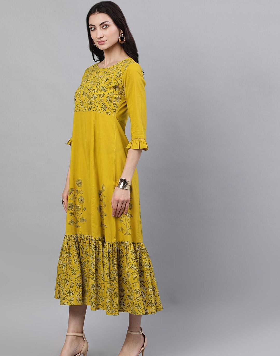 Yellow Floral Printed Round Neck Cotton Maxi Dress With Dupatta
