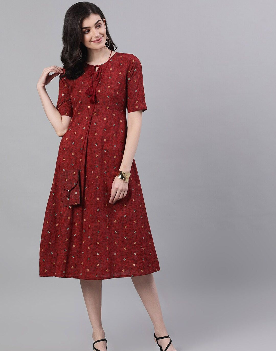 Maroon Polka Dots Printed Tie-Up Neck Polyester A-Line Dress