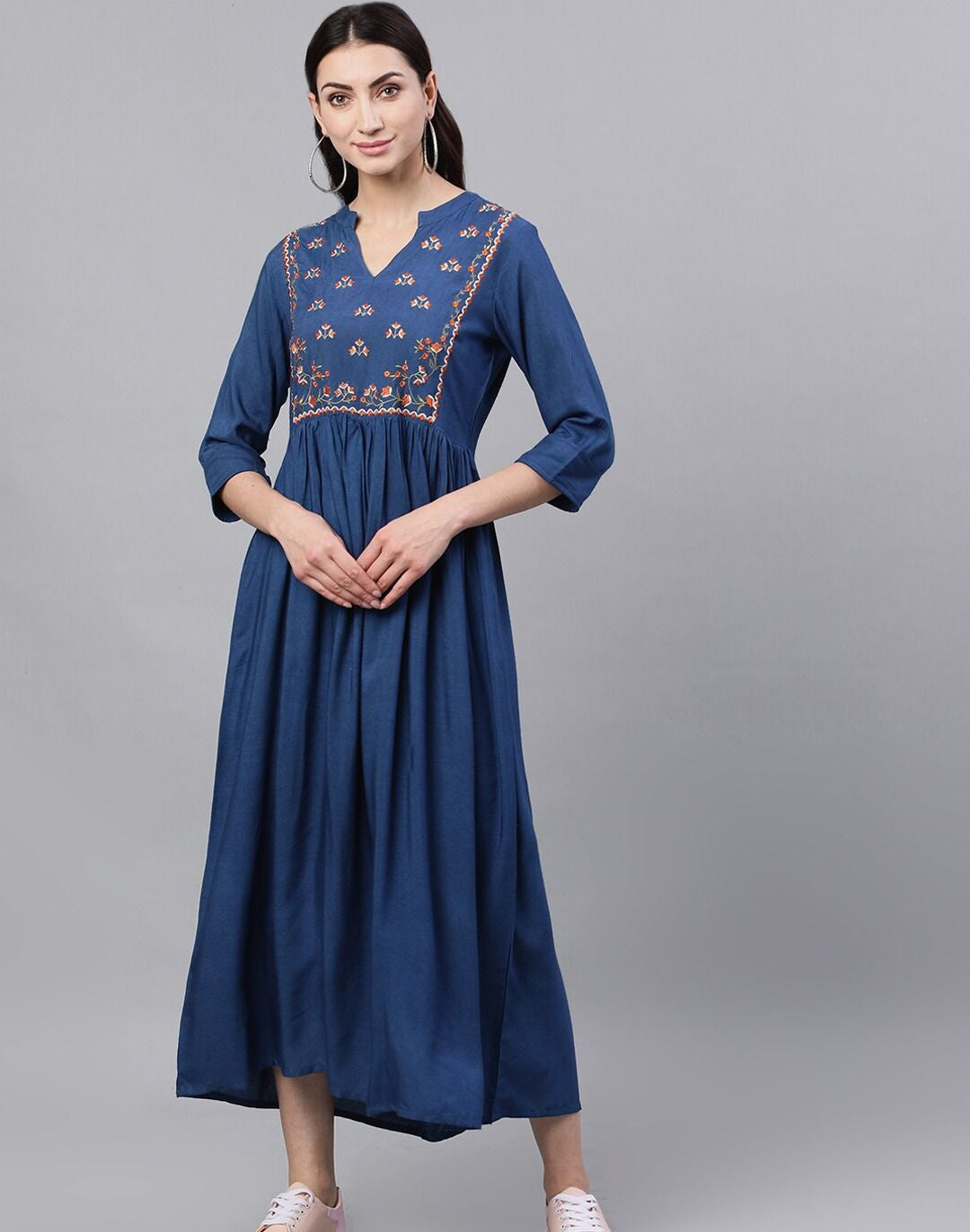 Blue Solid Embroidered Mandarin Collar Viscose Rayon Fit and Flare Dress