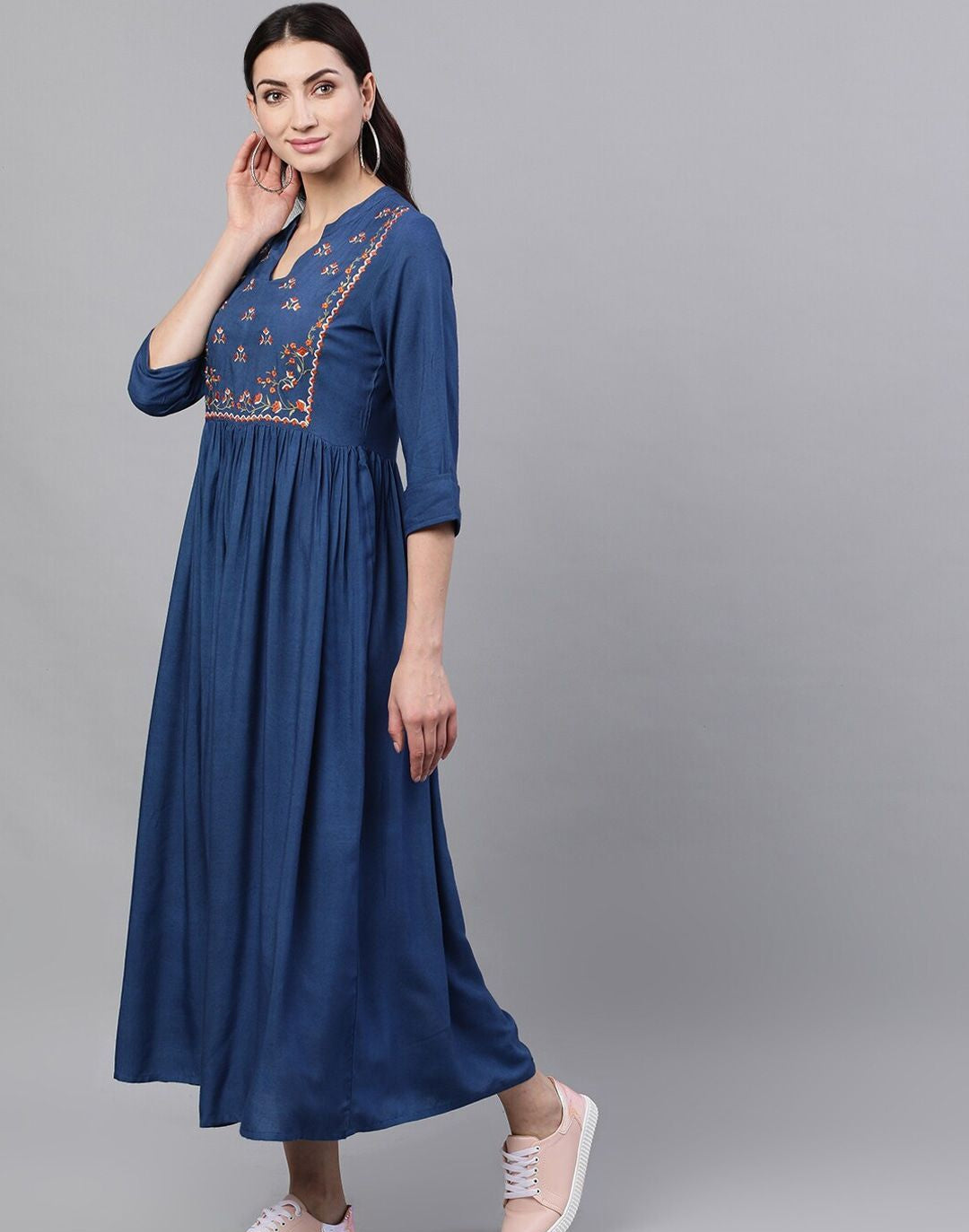 Blue Solid Embroidered Mandarin Collar Viscose Rayon Fit and Flare Dress