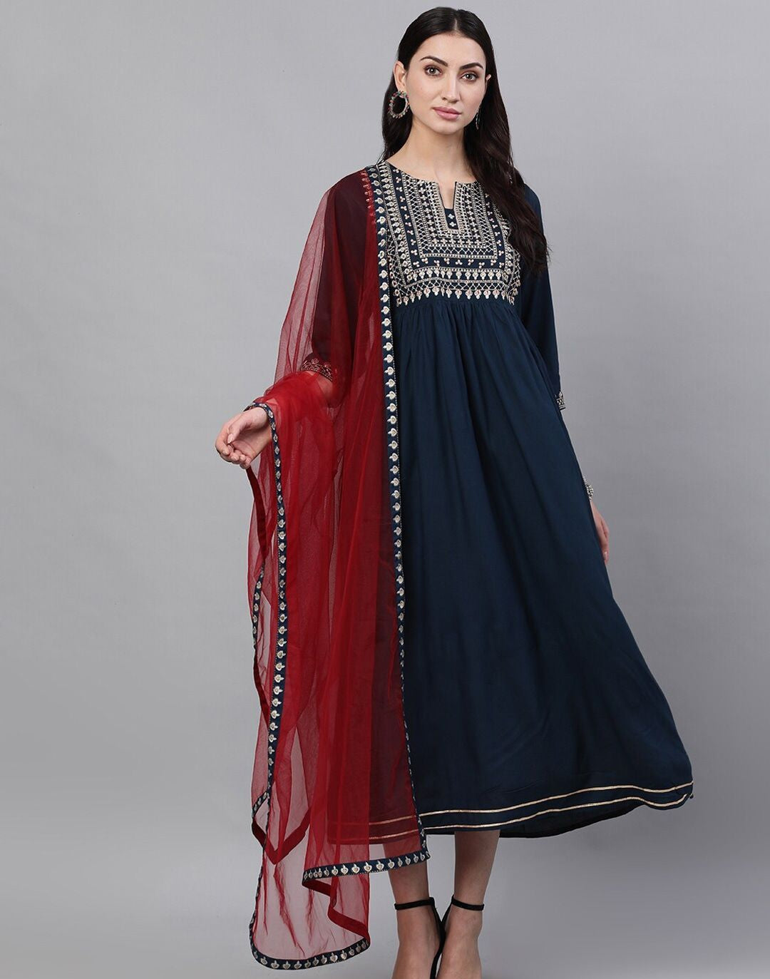 Navy Blue Solid Embroidered V-Neck Viscose Rayon Maxi Dress With Dupatta