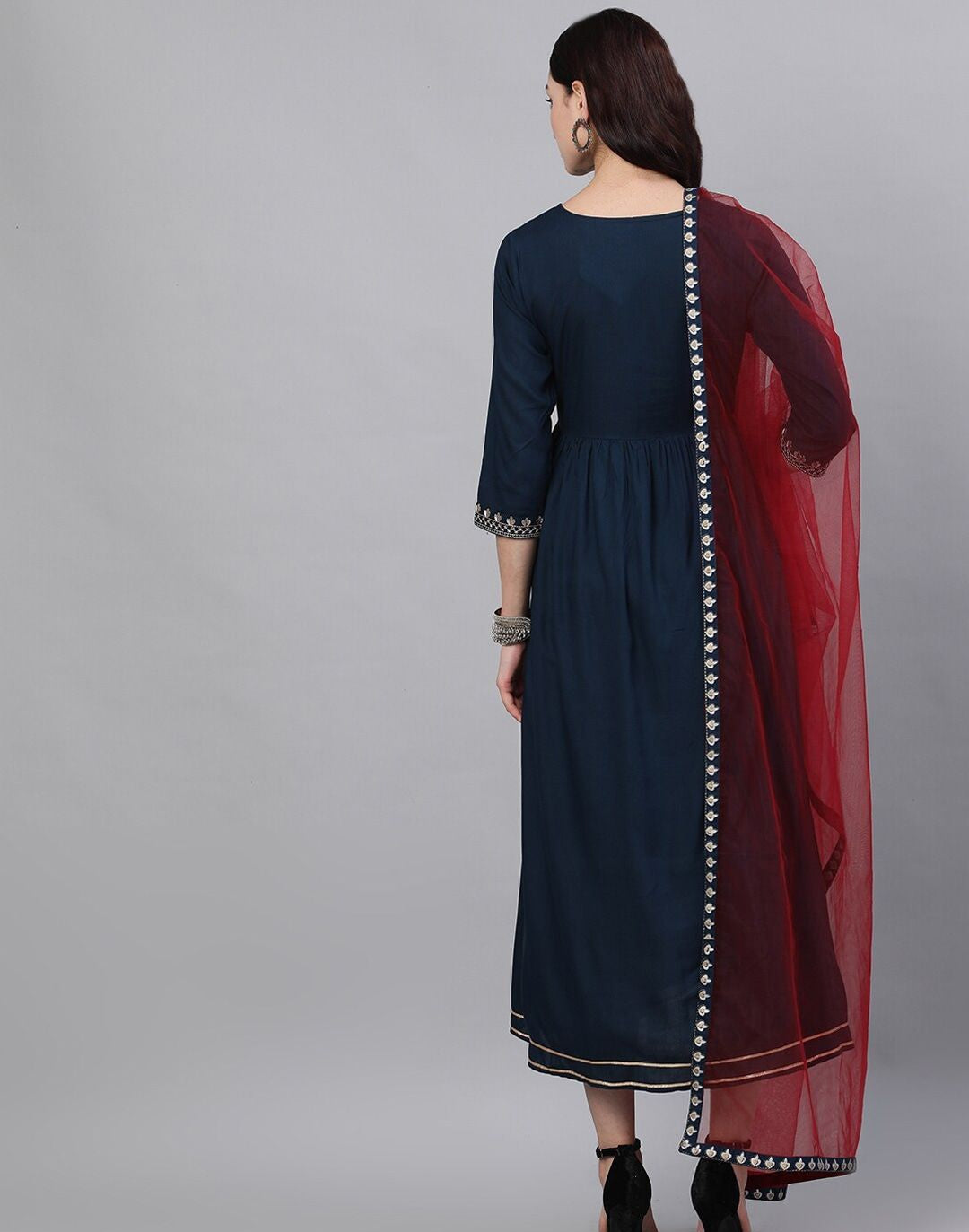 Navy Blue Solid Embroidered V-Neck Viscose Rayon Maxi Dress With Dupatta