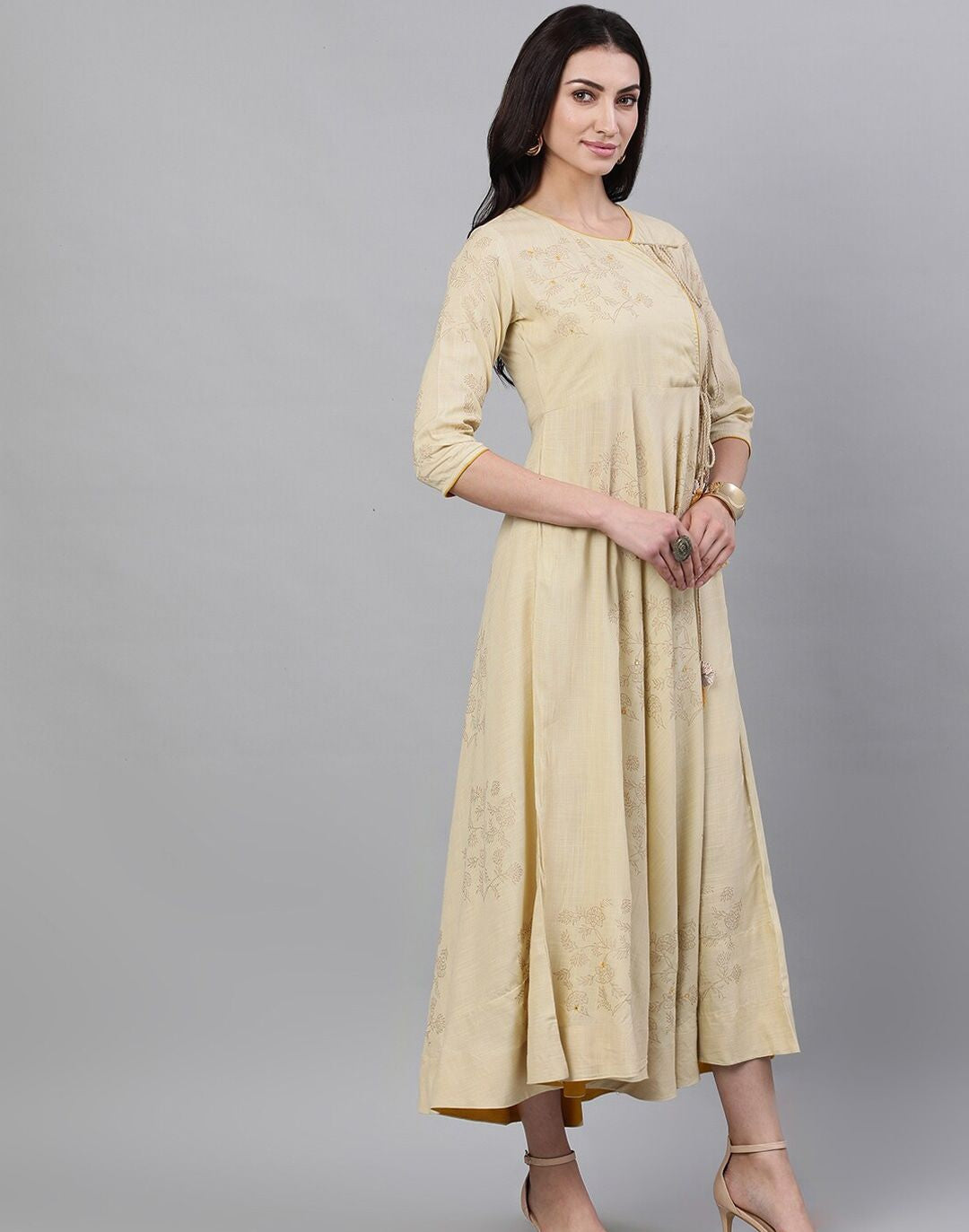 Beige Floral Printed Tie-Up Neck Viscose Rayon Maxi Dress With Dupatta