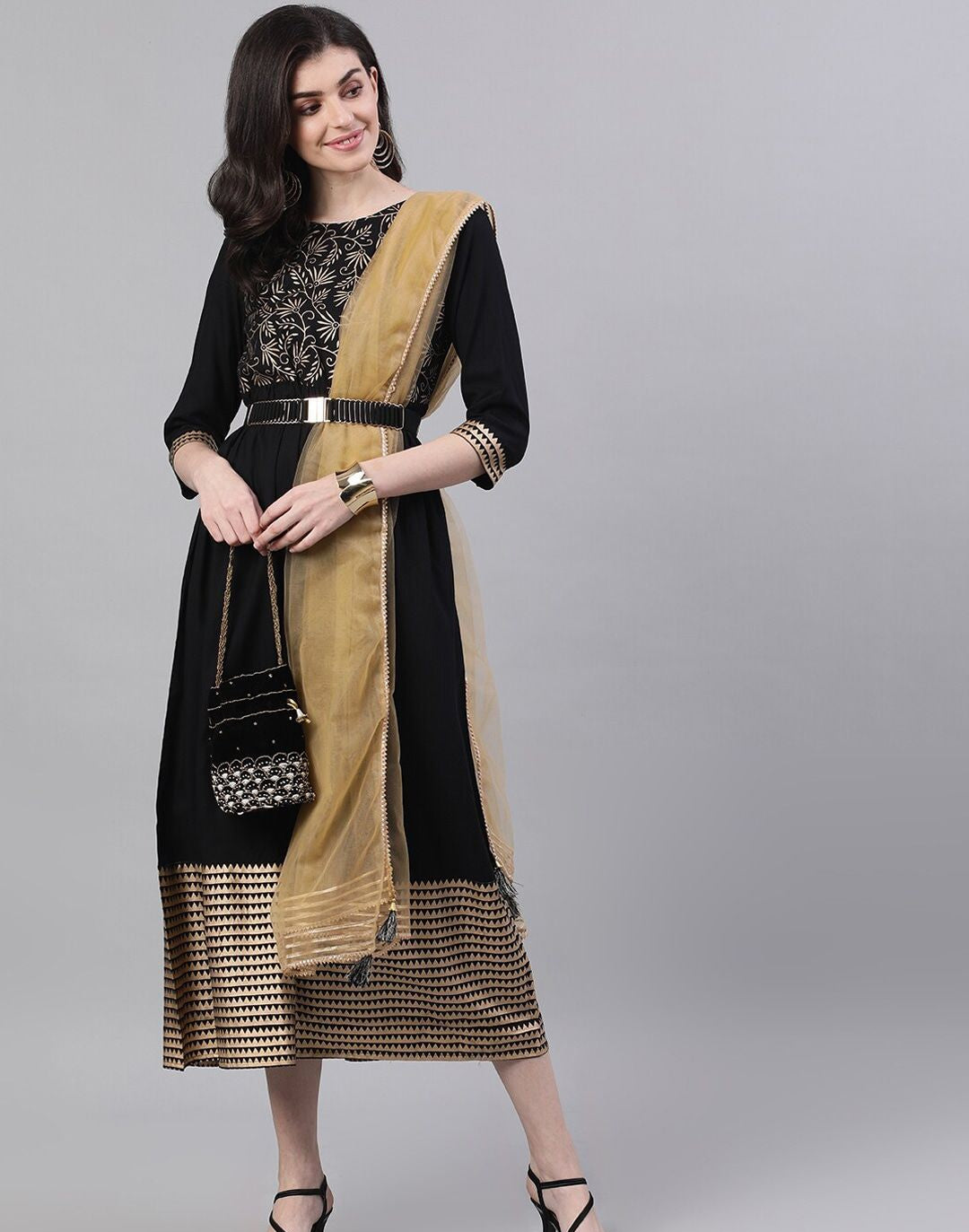 Black Floral Solid Round Neck Viscose Rayon Maxi Dress With Dupatta