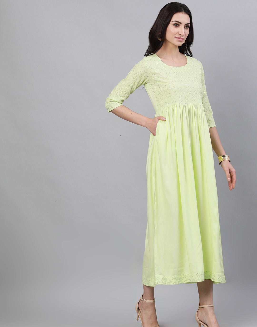 Light neon green Solid Embroidered Round Neck Viscose Rayon Maxi Dress With Dupatta