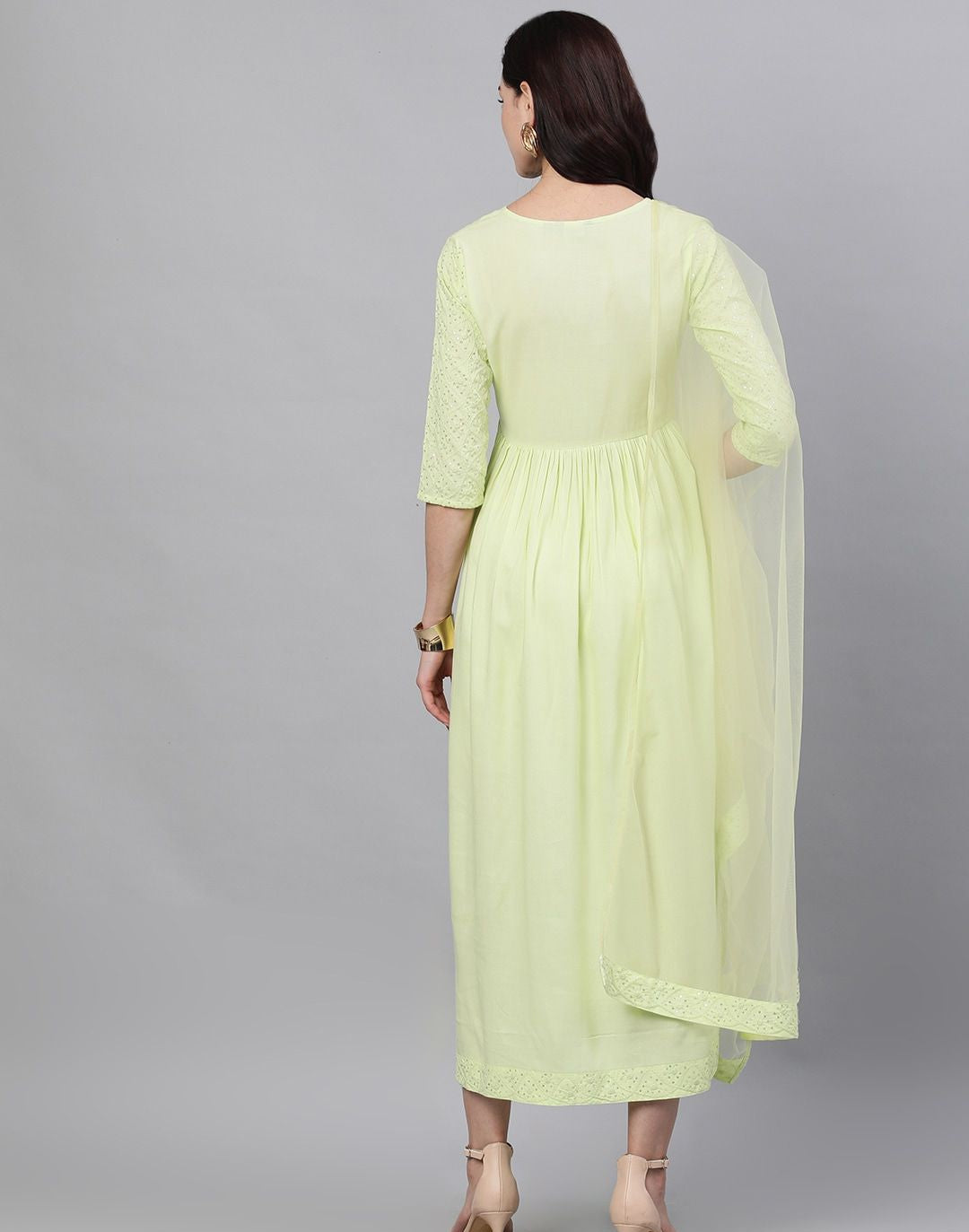 Light neon green Solid Embroidered Round Neck Viscose Rayon Maxi Dress With Dupatta
