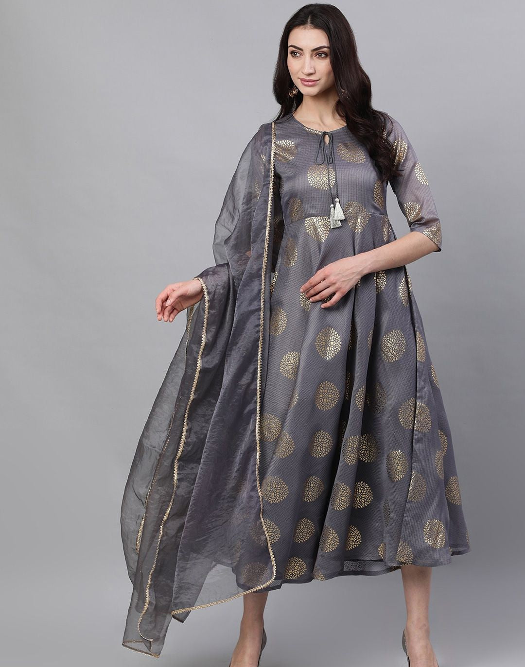 Grey Ethnic Motifs Printed Tie-Up Neck Cotton Maxi Dress With Dupatta