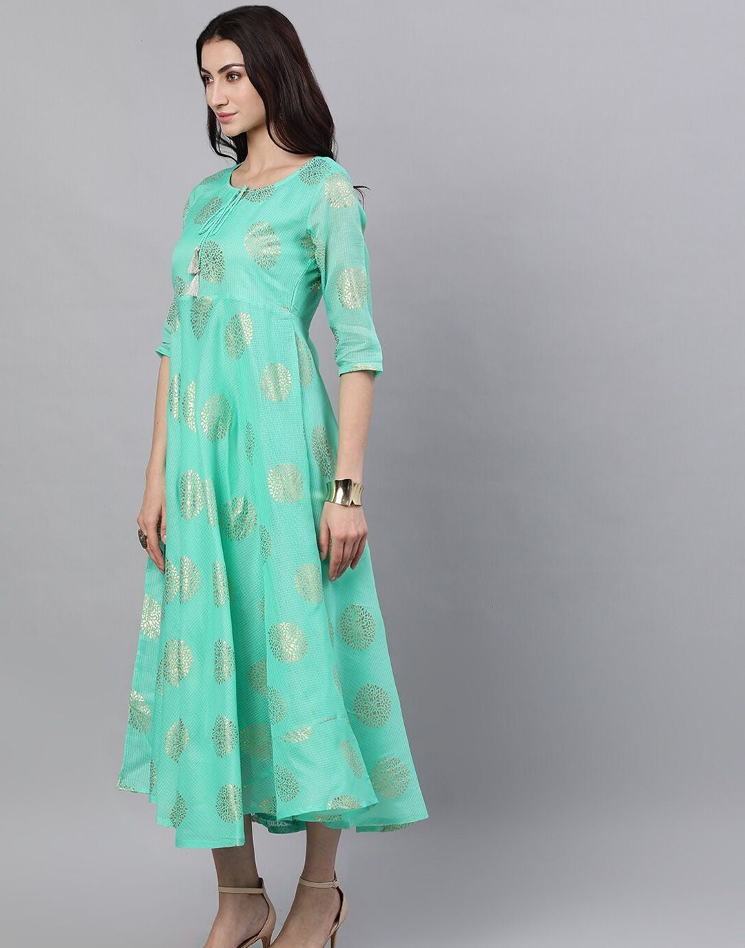 Green Ethnic Motifs Printed Tie-Up Neck Cotton Maxi Dress With Dupatta